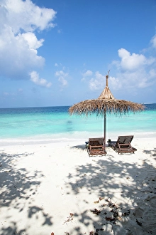 Chairs Prints: Beach chairs on beautiful tropical beach, The Maldives, Indian Ocean