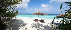 Chairs Prints: Beach chairs on beautiful tropical beach, The Maldives, Indian Ocean