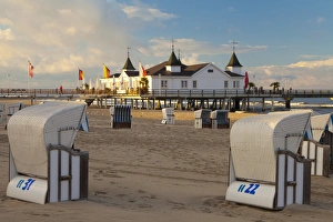 Mecklenburg Vorpommern Prints: Beach chairs and the historic Pier in Ahlbeck on the Island of Usedom