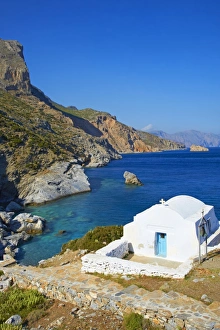 Cylades Prints: Beach and church, Agia Anna, Amorgos, Cyclades, Aegean, Greek Islands, Greece, Europe