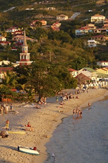 Sand Beach Prints: Beach and church, Grande Anse, Les Anses d Arlet, Martinique, Windward Islands