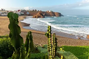Cacti Prints: Beach and coastline in bay, Plage Sidi Mohammed Ben Abdellah