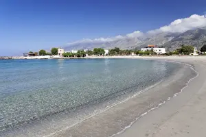 Chania Prints: Beach of Frangokastello in front of Lefka Ori Mountains (White Mountains)
