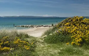 Poole Bay Prints: Beach between Hengistbury Head and Bournemouth with Poole Bay and Isle of Purbeck in the background