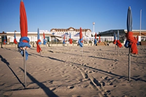 Umbrella Prints: Beach and Hotel Royal in distance, Deauville, Basse Normandie (Normandy), France, Europe