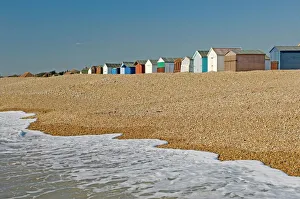 Beach huts locked up for winter, Hayling Island, Hampshire, England, United Kingdom