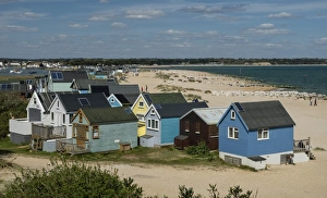 Wood Material Prints: Beach Huts, Mudeford Spit, Christchurch Harbour, Christchurch Bay, Dorset, England