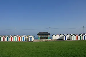 Beach Huts Prints: Beach huts and promenade shelter, Paignton, Devon, England, United Kingdom, Europe