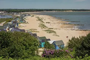 Beach Huts Prints: Beach Huts and sand dunes on Mudeford Spit at Hengistbury Head