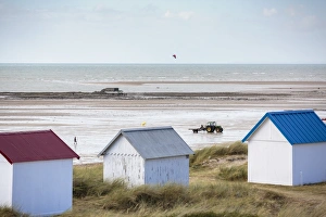 In A Line Prints: Beach huts and tractor for oyster breeding, Gouville-sur-Mer, Normandy, France, Europe