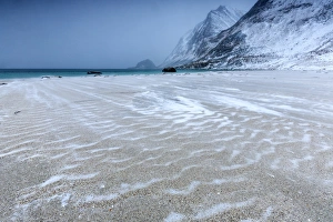 Natural Pattern Prints: Beach partially snowy surrounded by mountains, Haukland, Lofoten Islands, Northern Norway