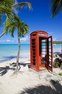 Telephone Box Prints: Beach and red telephone box, Dickenson Bay