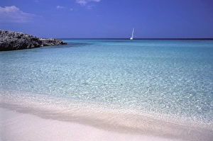 Beach and sailing boat, Formentera, Balearic Islands, Spain, Mediterranean, Europe