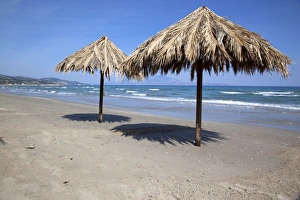 Straw Prints: Beach scene, Alykes, Kakynthos, Ionian Islands, Greek Islands, Greece, Europe
