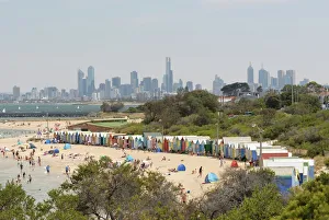 Victoria Prints: Beach scene with beach huts at Brighton Beach