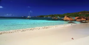 Retreat Prints: Beach scene with boats and clear water on Praslin Island in Seychelles during a sunny day