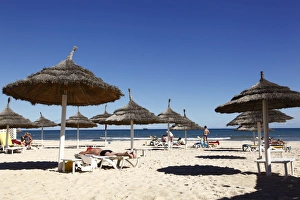 Parasols Prints: Beach scene in the tourist zone of Sousse, Gulf of Hammamet, Tunisia, North Africa