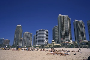 Gold Coast Prints: The beach at Surfers Paradise with hotels and apartment blocks, Surfers Paradise