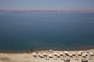 Dead Sea Prints: Beach swimming area, Crown Plaza Dead Sea Hotel, Dead Sea, Jordan, Middle East