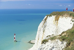 Cautioning Prints: Beachy Head and lighthouse on chalk cliffs, East Sussex, England, UK, Europe