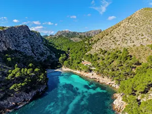Mallorca Prints: Beautiful aerial view of cala Murta beach showcasing clear waters and rocky terrain in Mallorca