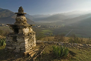 Paro Prints: Beautiful Buddhist stupa at sunrise, Paro, Bhutan, Asia