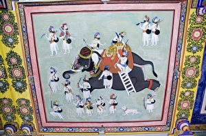 Beautiful frescoes on walls of the Juna Mahal Fort