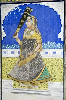 Beautiful frescoes on walls of the Juna Mahal Fort