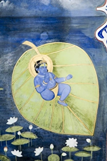 Beautiful frescoes on walls of the Juna Mahal Fort