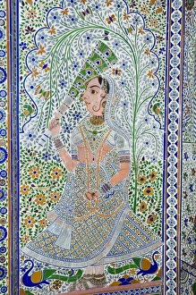 Beautiful frescoes on walls of the Juna Mahal Fort
