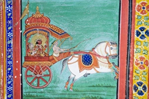 Beautiful frescoes on walls of the Juna Mahal Fort