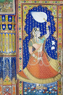 Beautiful frescoes on walls of the Juna Mahal Fort