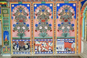 Beautiful frescoes on walls of the Juna Mahal Fort