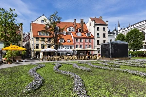Latvia Prints: Beautiful gardens in downtown home, Riga, Latvia, Europe