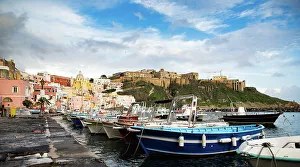 Beautiful Italian island of Procida, famous for its colorful marina, tiny narrow streets and many beaches, Procida, Flegrean Islands, Campania, Italy, Europe