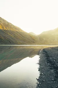 Eurasia Prints: Beautiful Kelitsadi lake and tents by shore early morning on sunrise before hike