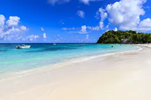 Antigua Prints: Beautiful Long Bay Beach, boat, turquoise sea, white sand, Antigua, Antigua and Barbuda