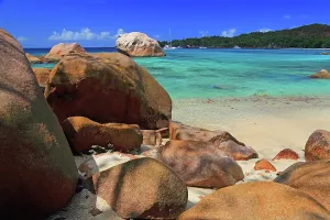 Boulders Prints: Beautiful rocks and clear water at Anse Georgette on Praslin island in Seychelles near Anse Lazio on a sunny day