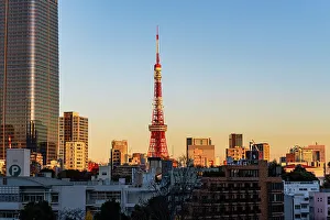 High Rises Prints: Beautiful sunset over the skyline of Tokyo with Toyko Tower, Tokyo, Honshu, Japan, Asia