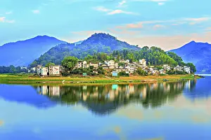 Province Prints: Beautiful view of the XinAn River with WuFuShan Village across the water in Huangshan