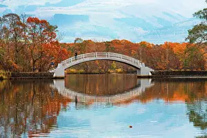 2 People Prints: Beautiful white bowed bridge reflecting in a clear lake with red autumn colours surrounding