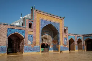 Pakistan Prints: Beautifully decorated entrance of Shah Jahan Mosque in Thatta Sindh Pakistan showing intricate tile work under bright