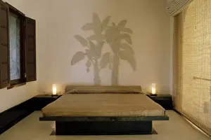 Minimalist Prints: Bedroom suite with dramatic marble relief depiction of banana trees