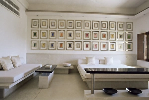 Room Prints: Bedroom suite with multiple images or paintings of Krishna