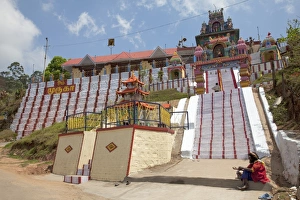 Stair Case Prints: Beggar outside the Hindu Subrahmanya Temple, Munnar, Kerala, India, Asia