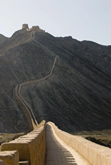 Jiayuguan Prints: The beginning of the Great Wall, Overhanging Great Wall, Jiayuguan, Gansu, China, Asia