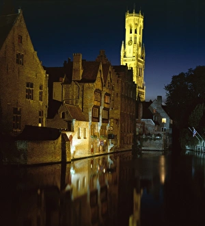 Clock Prints: The Belfry of Belfort-Hallen illuminated at night