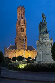 Belfry Prints: Belfry tower at dusk in Bruges, UNESCO World Heritage Site, Belgium, Europe