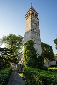 Chapel Prints: Bell tower and Chapel of the Holy Arnir stand tall near gardens in Split, Croatia