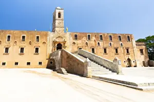 Bell tower and facade of the old monastery of Agia Triada of Tzagarolon, North Chania, Crete island, Greek Islands, Greece, Europe